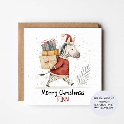 Personalised Watercolour Zebra Christmas Card: Festive Childrens Design