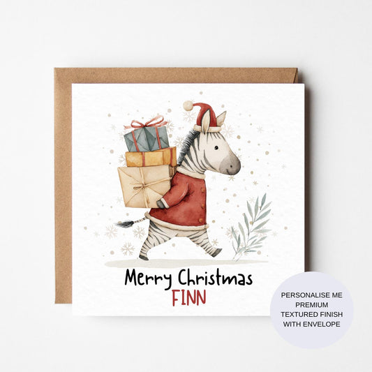 Personalised Watercolour Zebra Christmas Card: Festive Childrens Design
