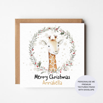 Personalised Giraffe Christmas Card | Watercolour Childrens Card | Kids, Baby, Girl, Boy, Toddler, Daughter, Son, 1st Christmas
