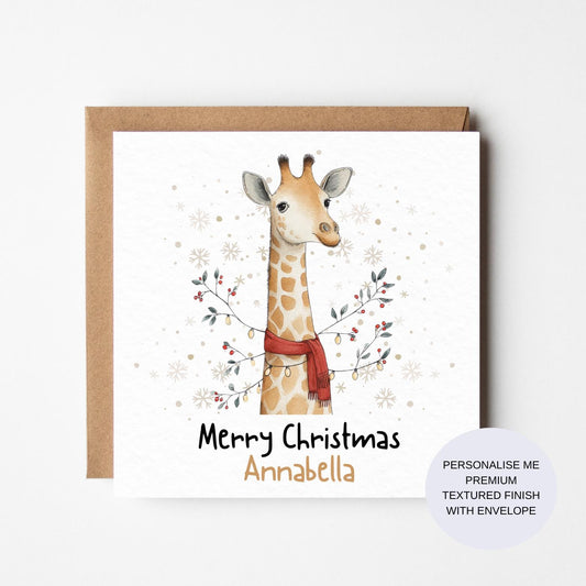 Personalized Giraffe Christmas Card: Watercolor Safari Animals