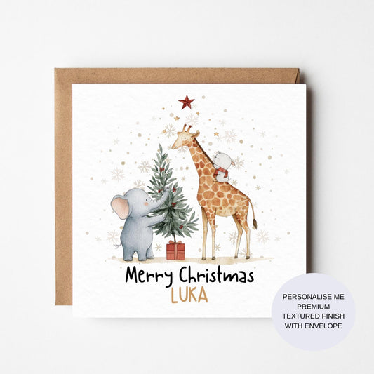 Personalized Watercolor Christmas Card: Safari Animals