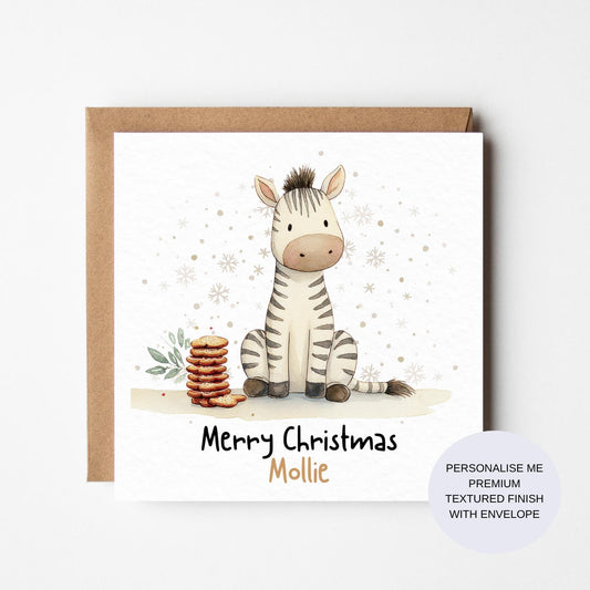 Personalised Zebra Christmas Card: Watercolour Safari Animals