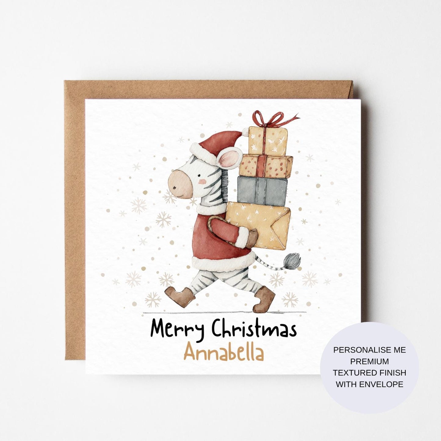 Personalised Zebra Christmas Card: Watercolour Safari Animal