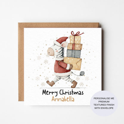 Personalised Zebra Christmas Card: Watercolour Safari Animal