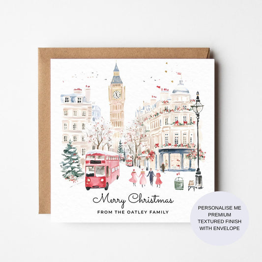 Personalized London Christmas Card: Watercolor Red Bus, Big Ben