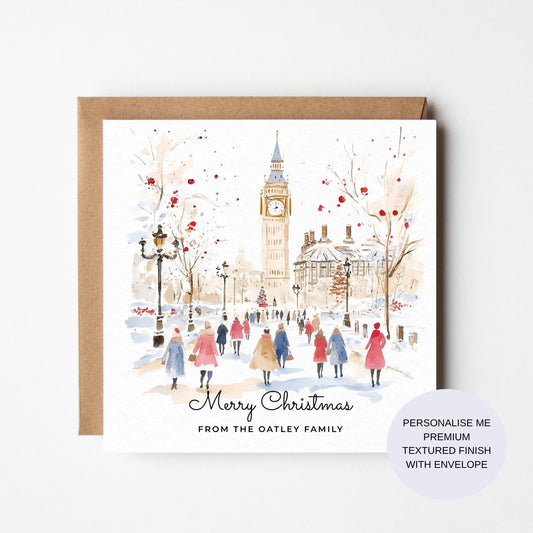 Personalised London Christmas Card - Watercolour British City Merry Christmas - Big Ben, Snow, Christmas Tree