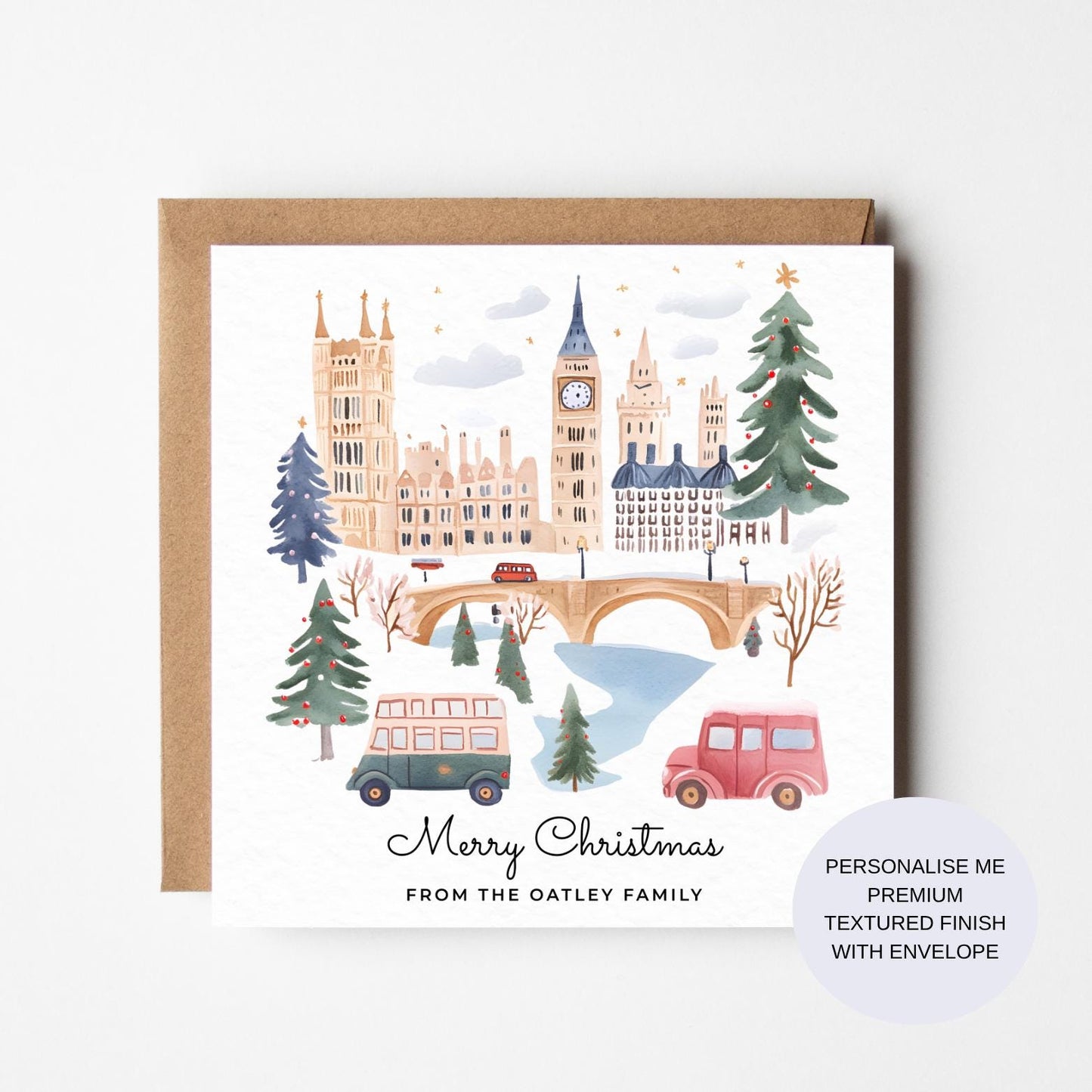 Personalized London Christmas Card: Watercolor Big Ben, Snow Scene