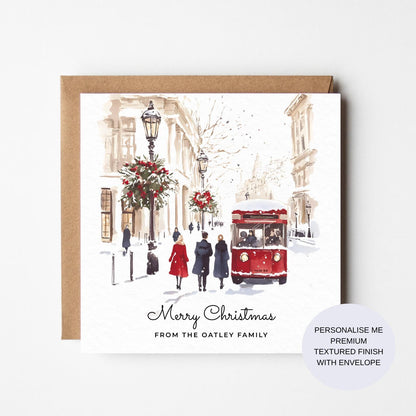 Personalized London Christmas Card: Watercolour Red Bus Scene