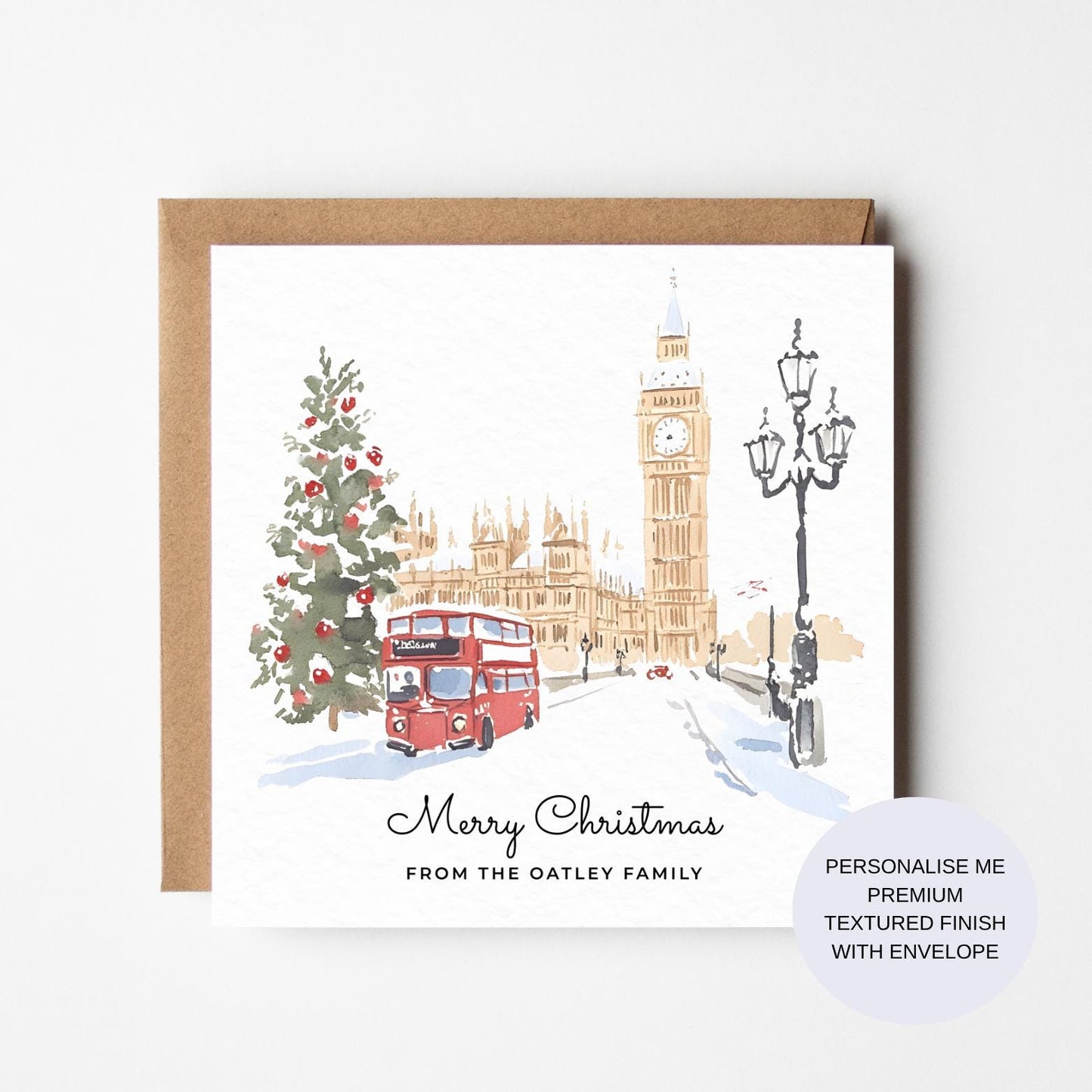 Personalised London Christmas Card: Watercolour Big Ben & Bus