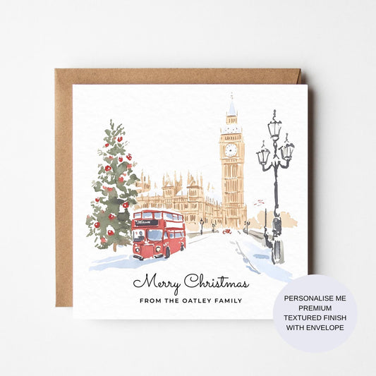 Personalised London Christmas Card: Watercolour Big Ben & Bus