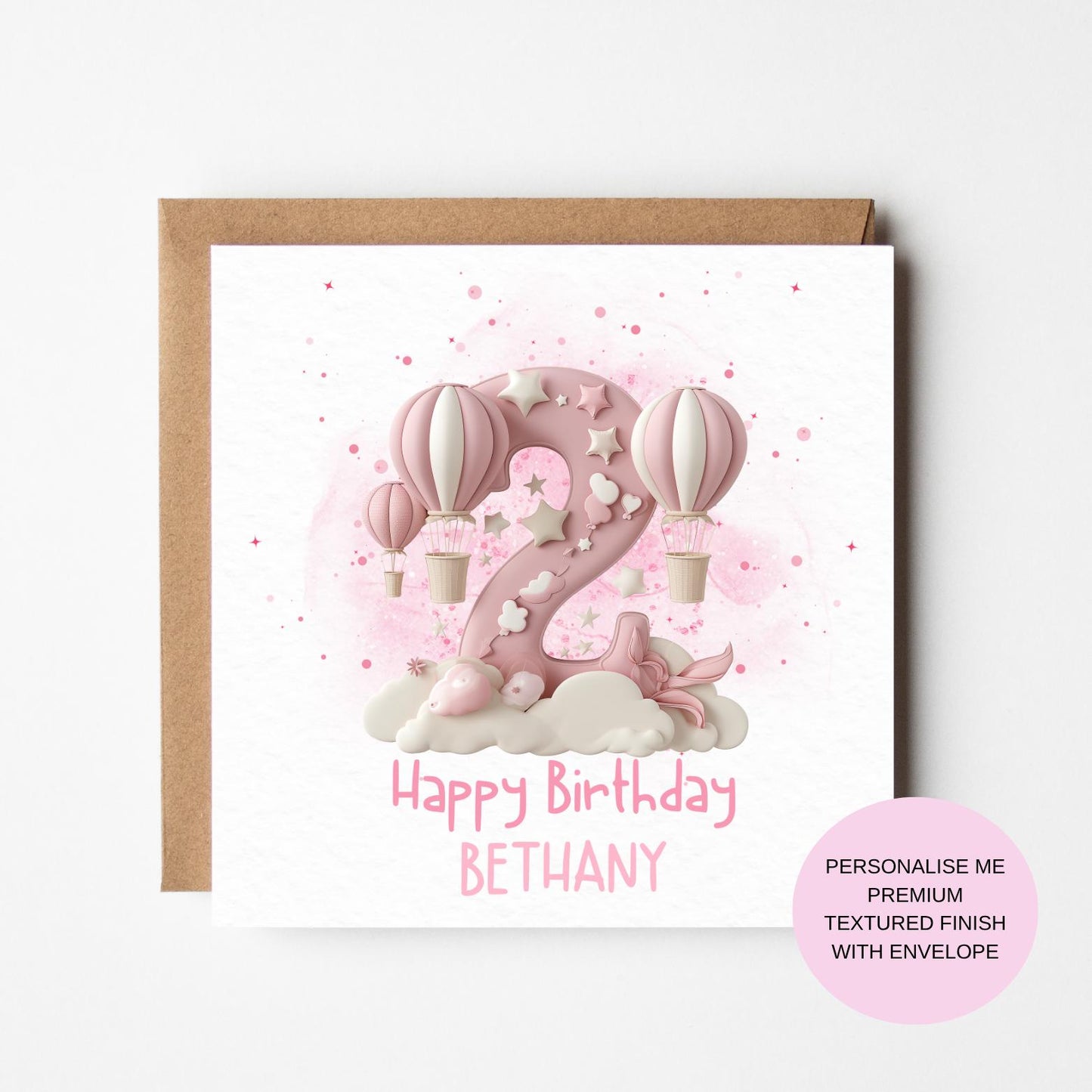 Personalized Pink Birthday Card: Balloons & Clouds Theme