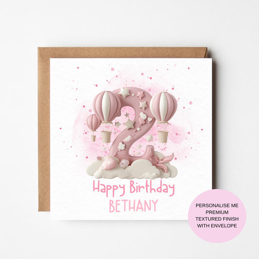 Personalized Pink Birthday Card: Balloons & Clouds Theme