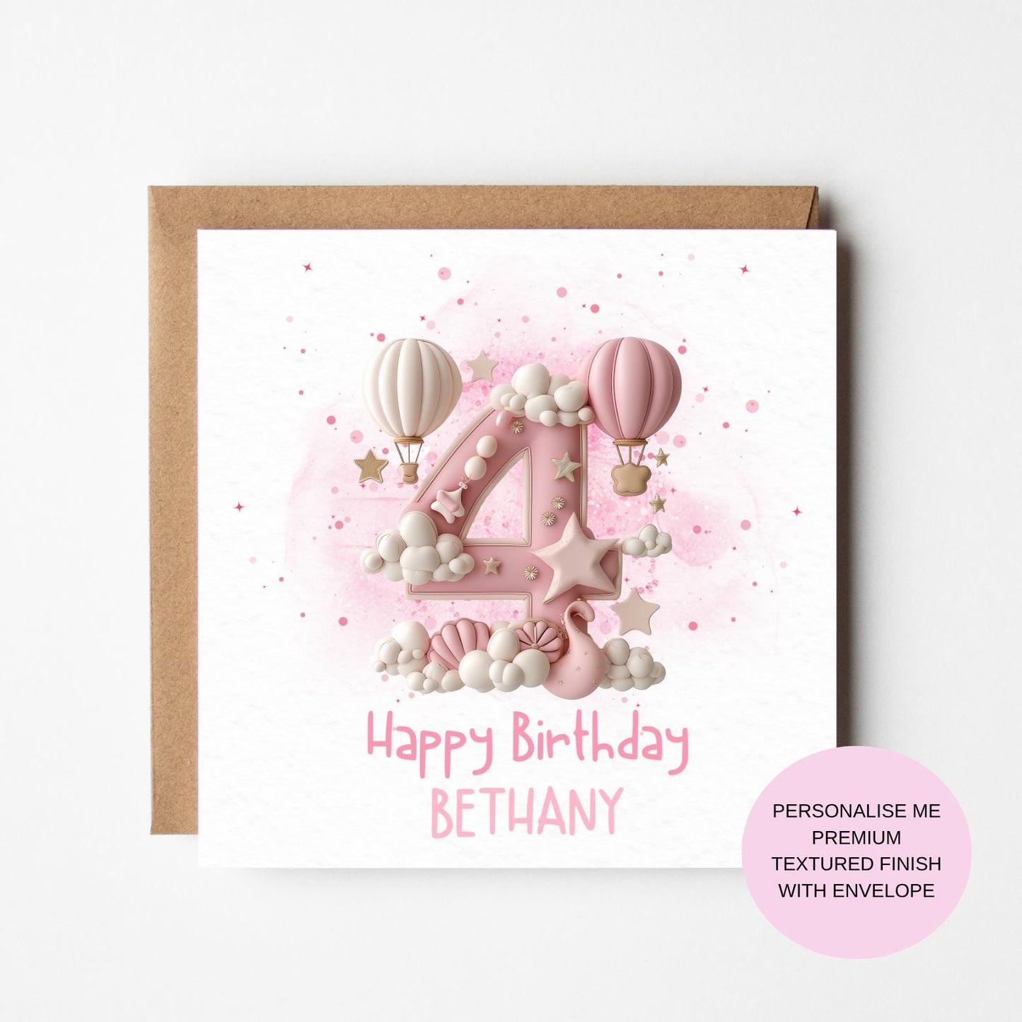 Personalized Pink Birthday Card: Balloons & Clouds (1st-10th)
