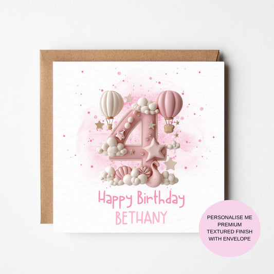 Personalized Pink Birthday Card: Balloons & Clouds (1st-10th)
