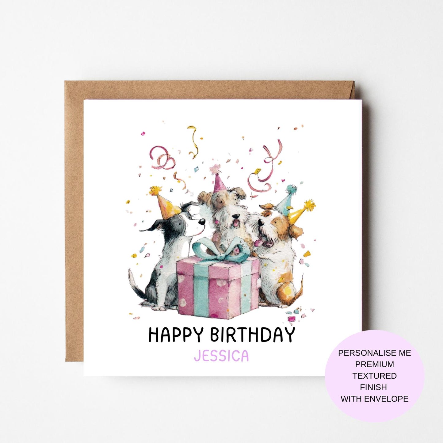 Dog Birthday Card – Party Dogs with Gift and Confetti – Personalised Name