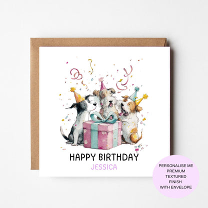 Dog Birthday Card – Party Dogs with Gift and Confetti – Personalised Name