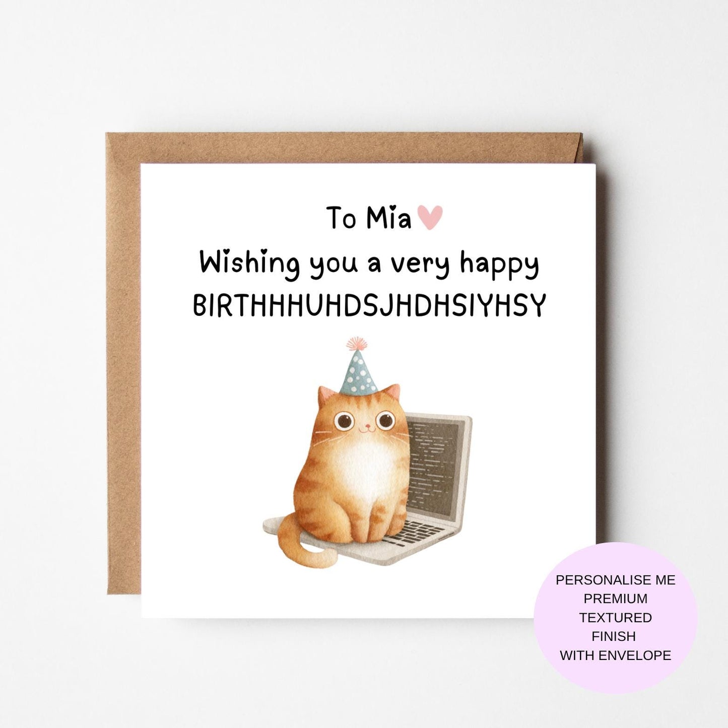Funny Cat Birthday Card – Cat with Party Hat and Laptop