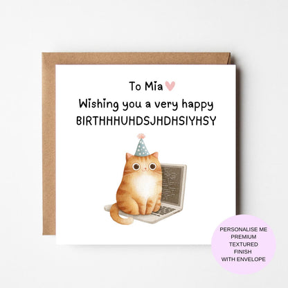 Funny Cat Birthday Card – Cat with Party Hat and Laptop