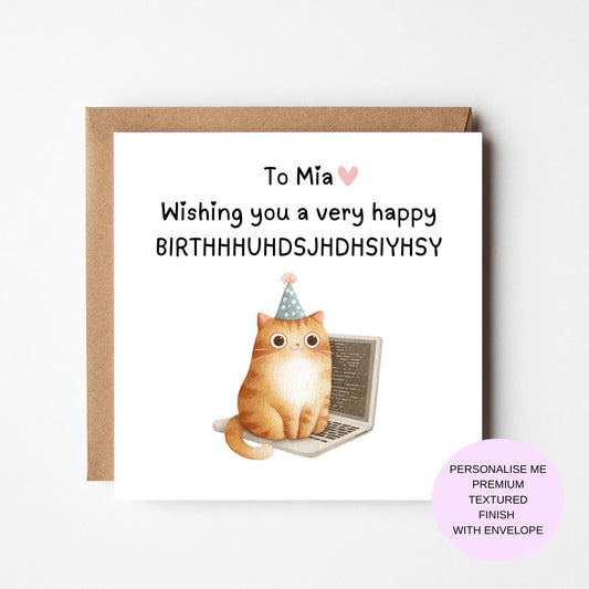 Funny Cat Birthday Card – Cat with Party Hat and Laptop