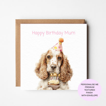 Cocker Spaniel Birthday Card: Watercolor Dog with Cupcake