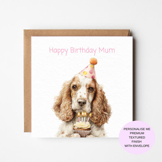 Cocker Spaniel Birthday Card: Watercolor Dog with Cupcake
