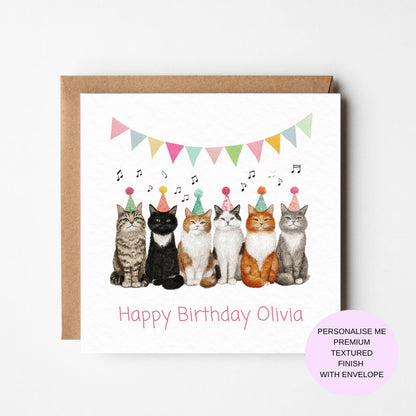 Cat Birthday Card: Funny Singing Cats - Watercolor, Textured Finish