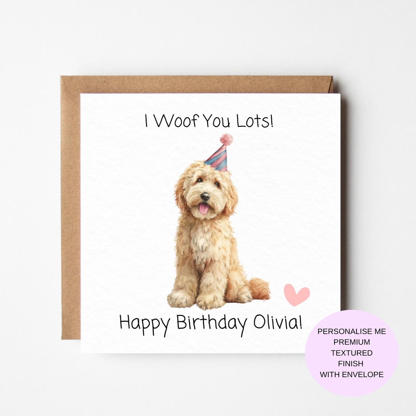Labradoodle Birthday Card, Cute Puppy with Party Hat (Personalised)