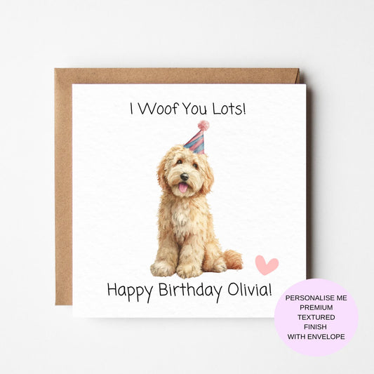 Labradoodle Birthday Card, Cute Puppy with Party Hat (Personalised)