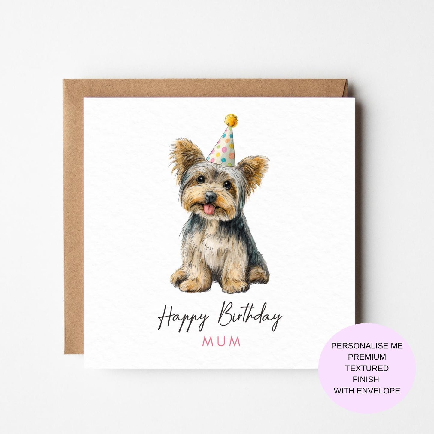 Yorkshire Terrier Dog Birthday Card: Cute Yorkie with Party Hat