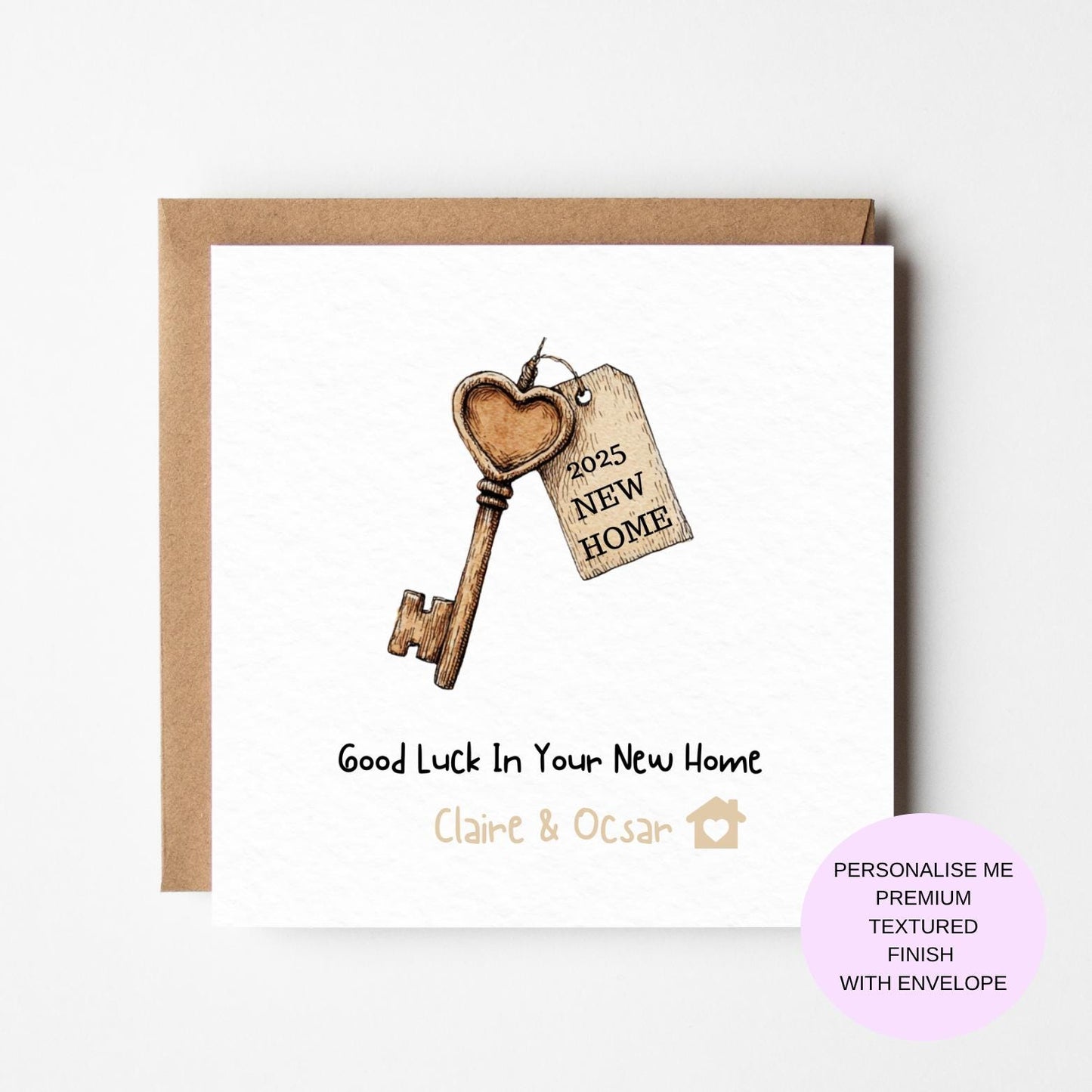 New Home Card: Rustic Key and Tag Design - Personalised Textured