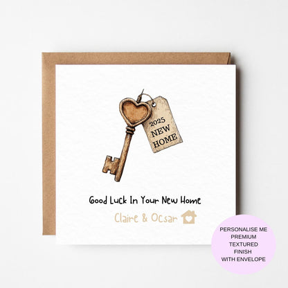 New Home Card: Rustic Key and Tag Design - Personalised Textured