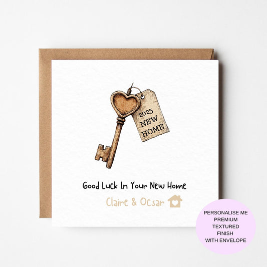 New Home Card: Rustic Key and Tag Design - Personalised Textured