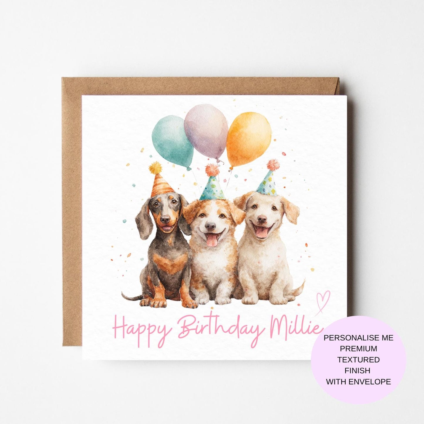 Watercolour Dog Birthday Card | Cute Dogs with Balloons | Funny Dog Lover Card | Animal Birthday Card | Handmade Greeting Card