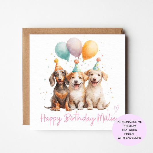 Watercolour Dog Birthday Card | Cute Dogs with Balloons | Funny Dog Lover Card | Animal Birthday Card | Handmade Greeting Card