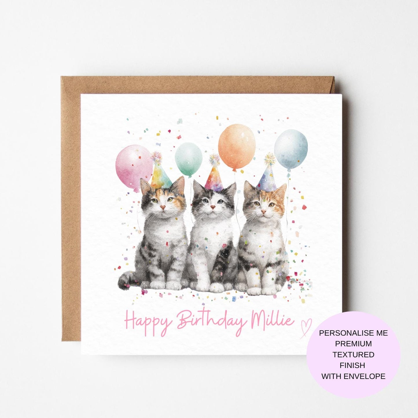 Watercolour Cat Birthday Card | Cute Cats with Balloons | Funny Cat Lover Card | Animal Birthday Card | Handmade Greeting Card