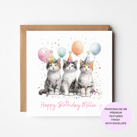 Watercolour Cat Birthday Card | Cute Cats with Balloons | Funny Cat Lover Card | Animal Birthday Card | Handmade Greeting Card