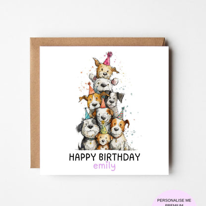 Dog Birthday Card: Stacked Dogs Illustration (Personalised, Envelope Included)