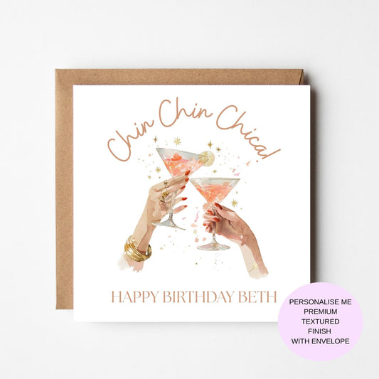 Chin Chin Chica Birthday Card – Cocktail Glasses Watercolour Design
