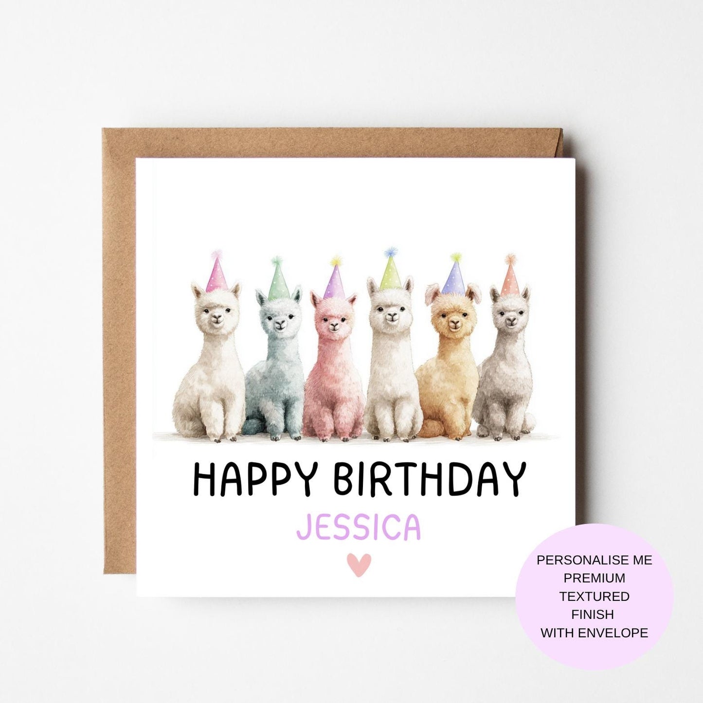 Llama Birthday Card – Cute Watercolour Alpacas in Party Hats – Personalised