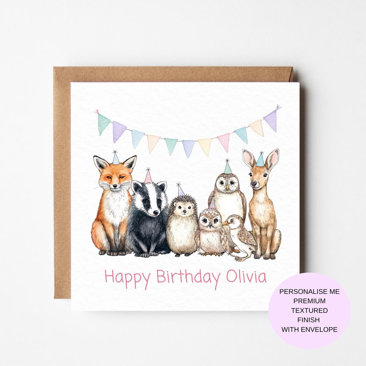 Woodland Birthday Card Fox, Badger, Owl, Deer, Hedgehog (Personalised)