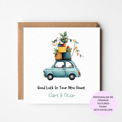 New Home Card: Cute Blue Car with Boxes, Watercolor Design