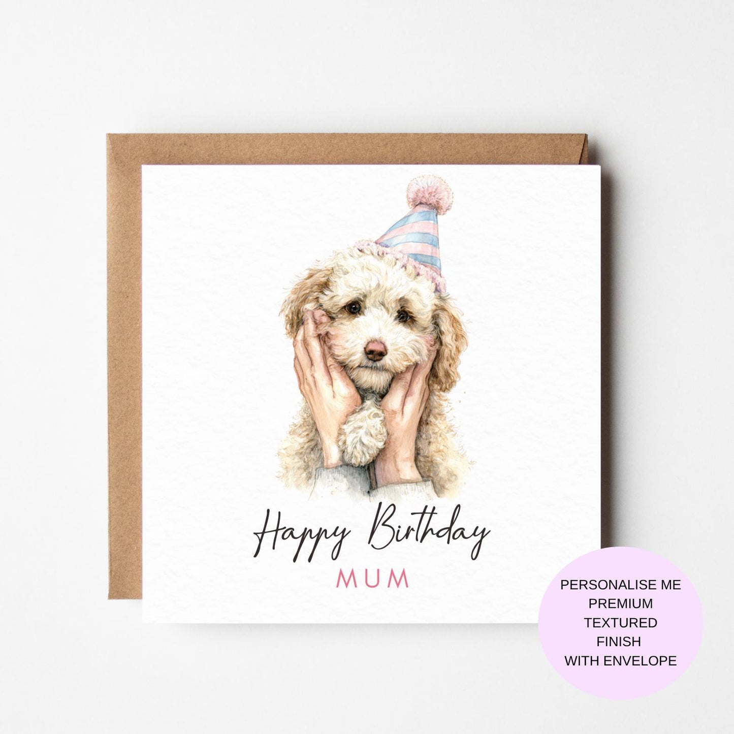 Dog Birthday Card, Watercolor Puppy, Pastel Hat (Personalised)