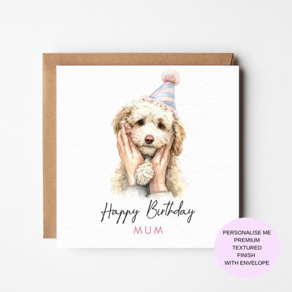 Dog Birthday Card, Watercolor Puppy, Pastel Hat (Personalised)