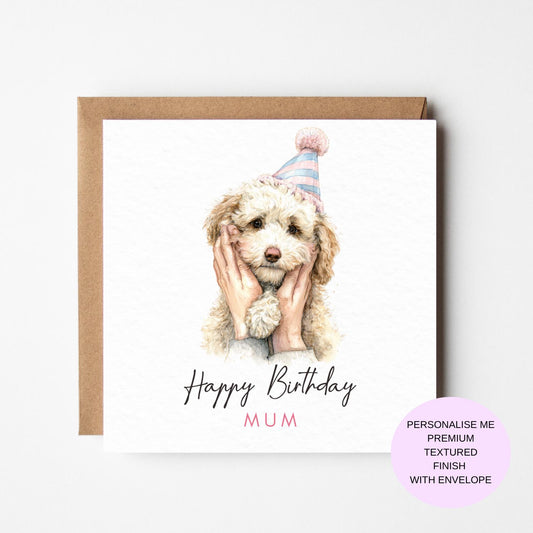 Dog Birthday Card, Watercolor Puppy, Pastel Hat (Personalised)