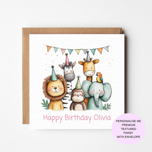 Safari Party Card: Watercolor Jungle Animals (Textured Finish)