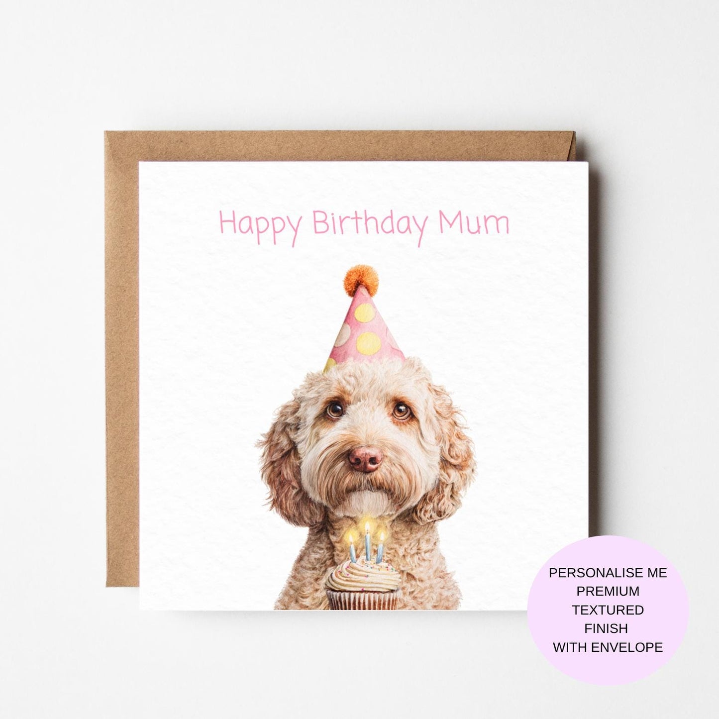 Dog Birthday Card, Cute Puppy with Cupcake (Personalised Mum)