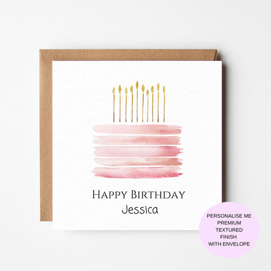 Elegant Pink Cake Birthday Card, Watercolor Candle Art (Personalised)
