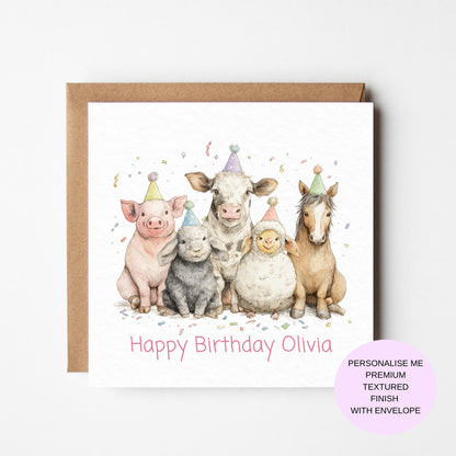 Farm Animal Birthday Card: Kids Party Scene (Pig, Cow, Sheep, Rabbit)