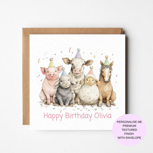 Farm Animal Birthday Card: Kids Party Scene (Pig, Cow, Sheep, Rabbit)