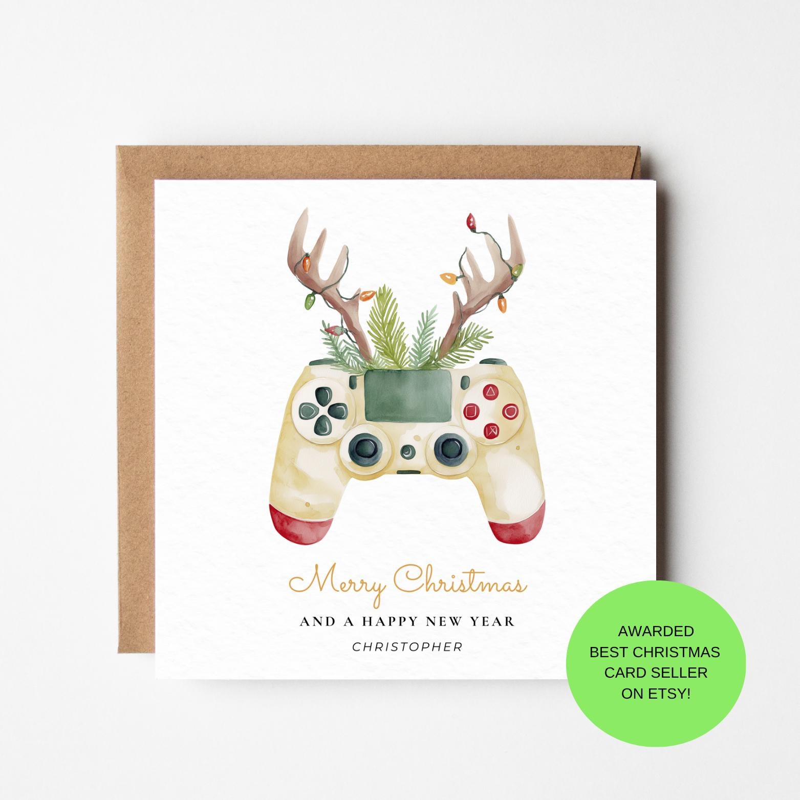 Personalised Gaming Xmas Card: Festive Controller Design (Handmade UK)